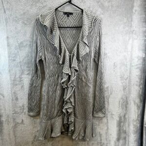 Womens L Gray Ruffle‎ Front Open Knit Diamond Crochet Cardigan Cottagecore